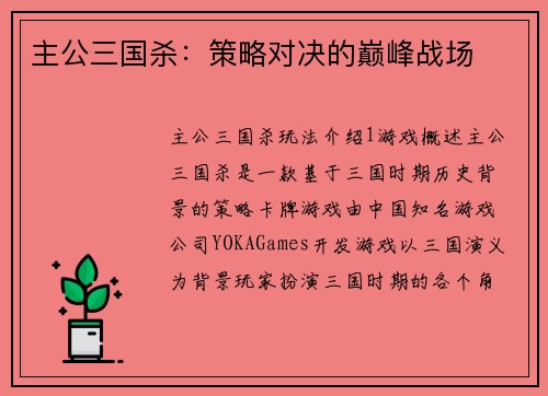 主公三国杀：策略对决的巅峰战场